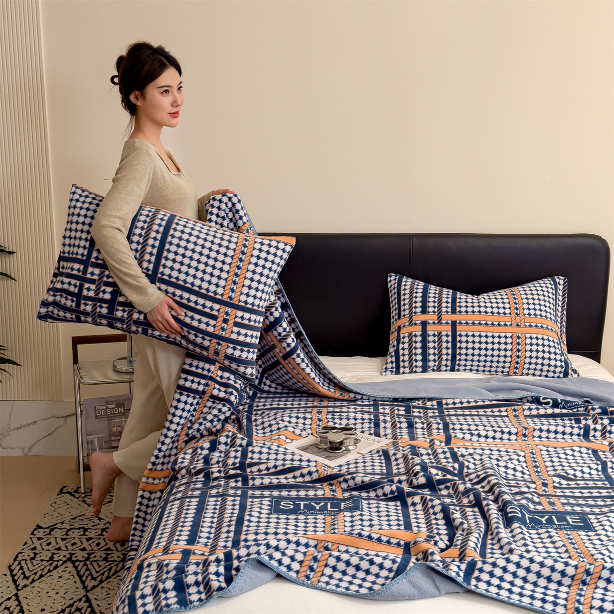 91家纺网 家纺一手货源 找家纺 慕木家纺 2025新款高克重印花仿羊绒双层毛毯毛毯毯子（可供跨境提供买家秀） 都市织梦-蓝