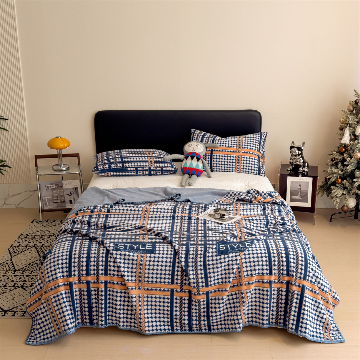 91家纺网 家纺一手货源 找家纺 慕木家纺 2025新款高克重印花仿羊绒双层毛毯毛毯毯子（可供跨境提供买家秀） 都市织梦-蓝