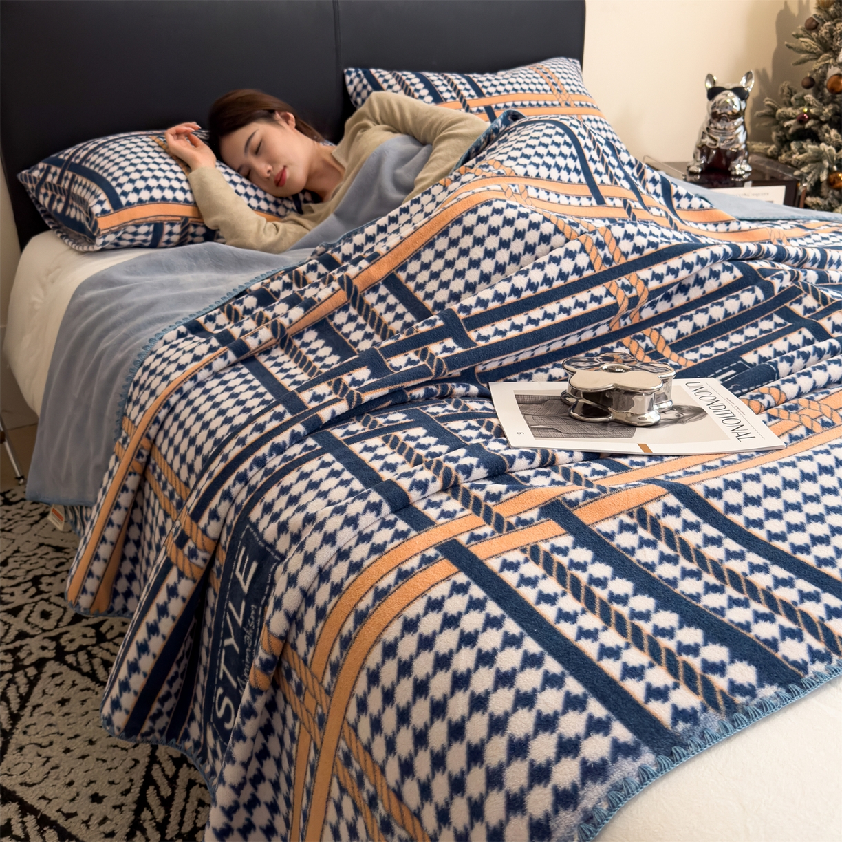 91家纺网 家纺一手货源 找家纺 慕木家纺 2025新款高克重印花仿羊绒双层毛毯毛毯毯子（可供跨境提供买家秀） 都市织梦-蓝