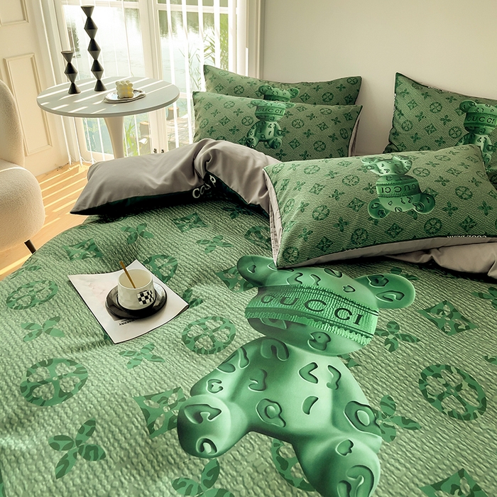 91家纺网 家纺一手货源 找家纺 色鬼布艺高端家居主号 2025秋冬新款网红款水洗棉四季款四件套 豹纹熊-绿