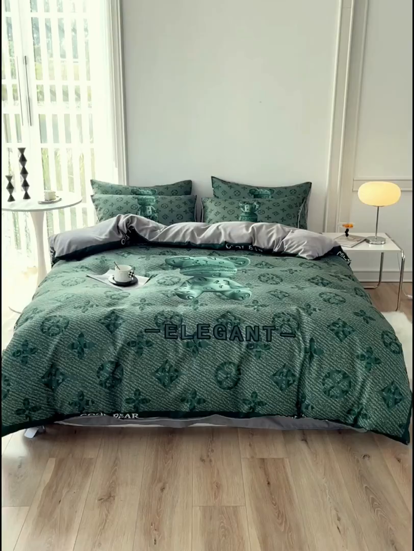 91家纺网 家纺一手货源 找家纺 色鬼布艺高端家居主号 2025秋冬新款网红款水洗棉四季款四件套 豹纹熊-绿