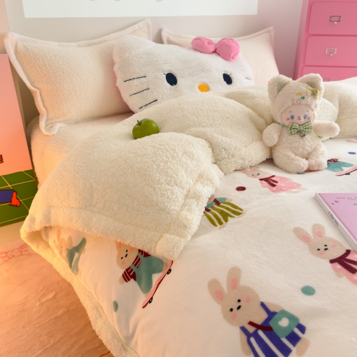 91家纺网 家纺一手货源 找家纺 艾特你 2025新款多功能羊羔绒牛奶绒单毛毯单被套 羊-花间兔