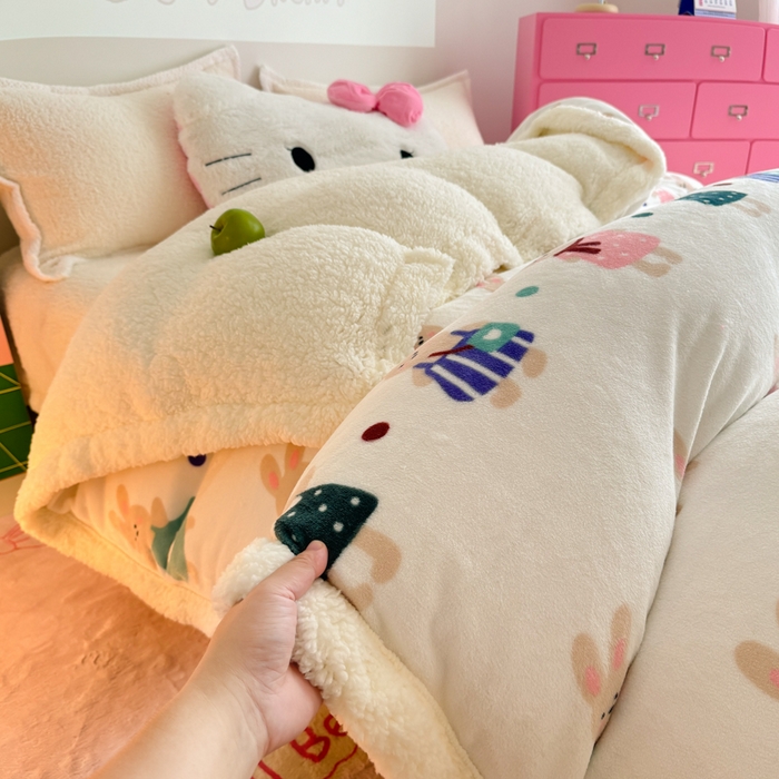 91家纺网 家纺一手货源 找家纺 艾特你 2025新款多功能羊羔绒牛奶绒单毛毯单被套 羊-花间兔