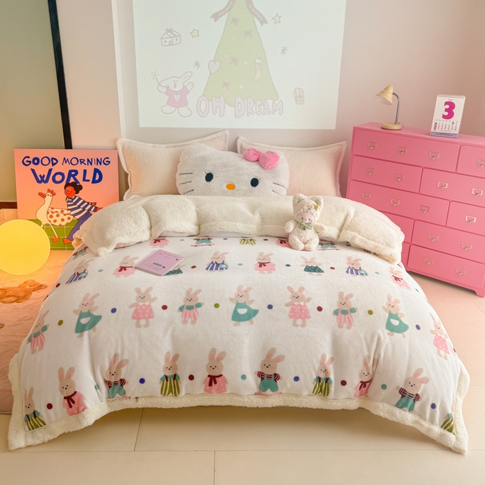 91家纺网 家纺一手货源 找家纺 艾特你 2025新款多功能羊羔绒牛奶绒单毛毯单被套 羊-花间兔