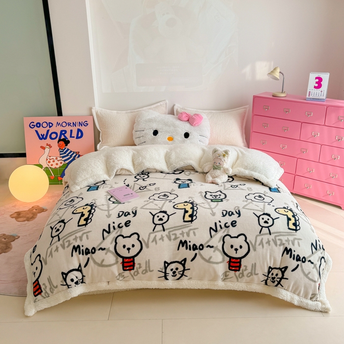 91家纺网 家纺一手货源 找家纺 艾特你 2025新款多功能羊羔绒牛奶绒单毛毯单被套 羊-几何世界