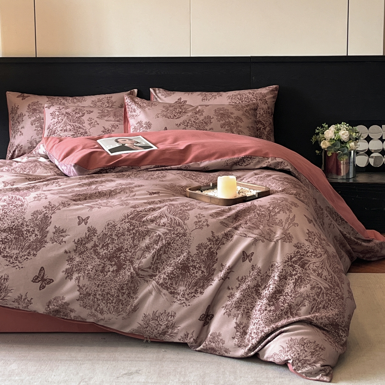 91家纺网 家纺一手货源 找家纺 卧趣家纺 2025秋冬新品法式复古全棉A类磨毛四件套 春烟-红