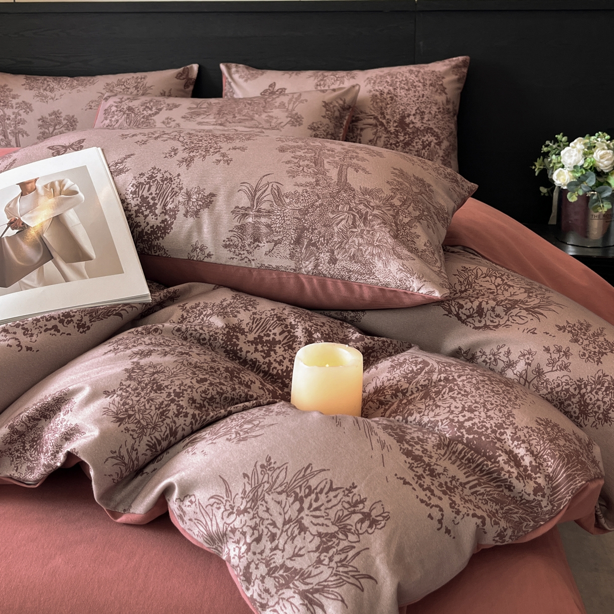 91家纺网 家纺一手货源 找家纺 卧趣家纺 2025秋冬新品法式复古全棉A类磨毛四件套 春烟-红