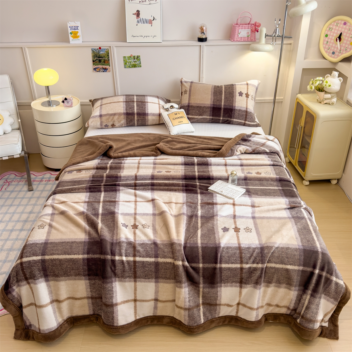 91家纺网 家纺一手货源 找家纺 慕木家纺 2025新款高克重印花牛奶绒云锦绒双层毛毯毛毯毯子（可供跨境提供买家秀） 双层毛毯-菲拉格+咖