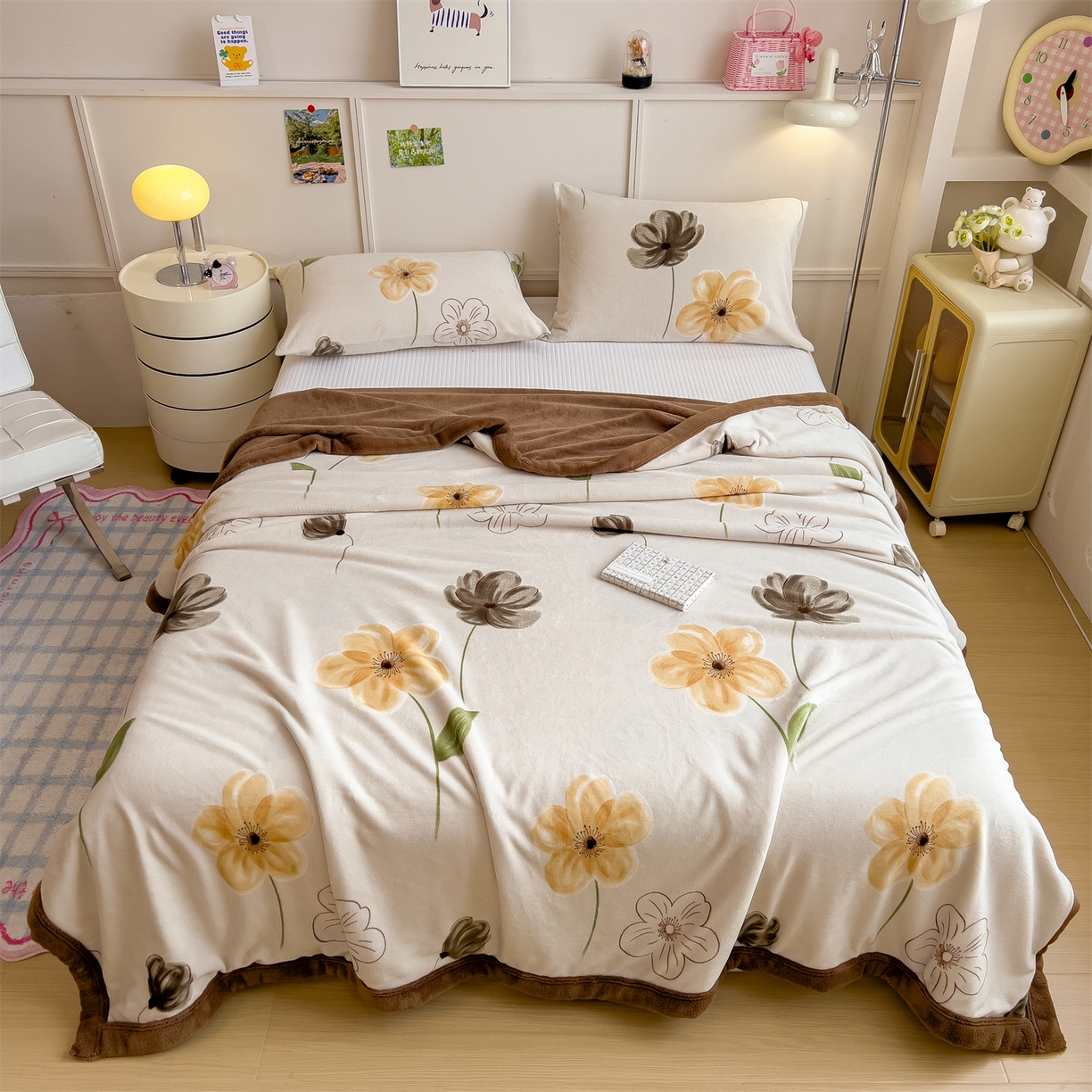 91家纺网 家纺一手货源 找家纺 慕木家纺 2025新款高克重印花牛奶绒云锦绒双层毛毯毛毯毯子（可供跨境提供买家秀） 双层毛毯-郁金香+咖