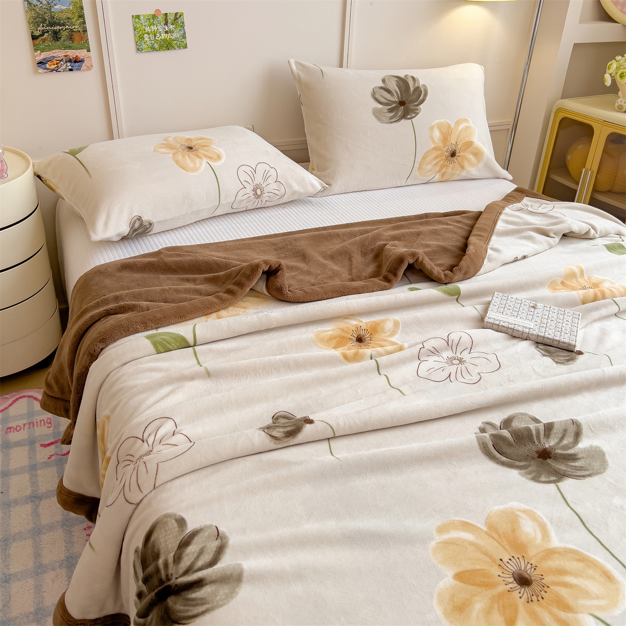 91家纺网 家纺一手货源 找家纺 慕木家纺 2025新款高克重印花牛奶绒云锦绒双层毛毯毛毯毯子（可供跨境提供买家秀） 双层毛毯-郁金香+咖