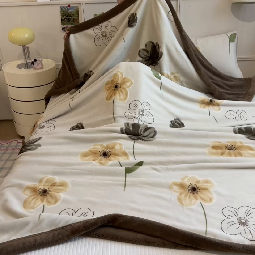 91家纺网 家纺一手货源 找家纺 慕木家纺 2025新款高克重印花牛奶绒云锦绒双层毛毯毛毯毯子（可供跨境提供买家秀） 双层毛毯-郁金香+咖