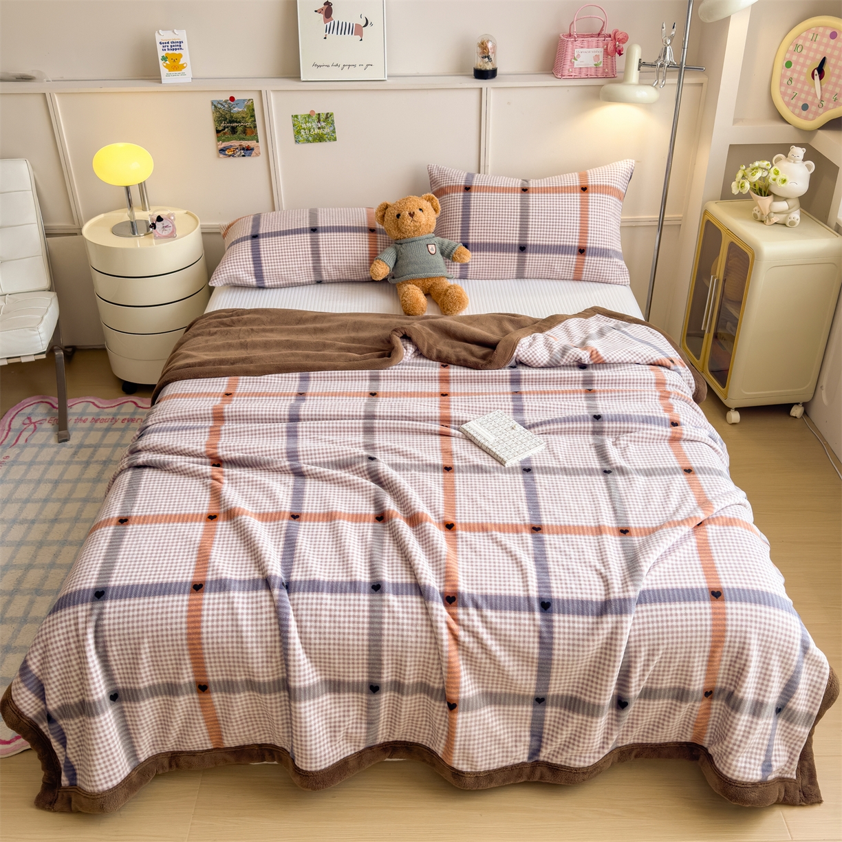 91家纺网 家纺一手货源 找家纺 慕木家纺 2025新款高克重印花牛奶绒云锦绒双层毛毯毛毯毯子（可供跨境提供买家秀） 双层毛毯-爱心橙格+咖