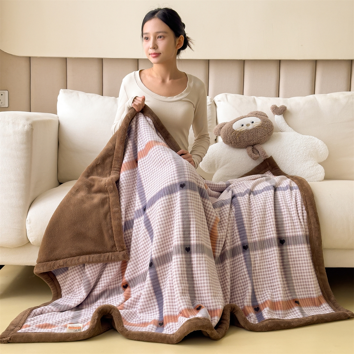 91家纺网 家纺一手货源 找家纺 慕木家纺 2025新款高克重印花牛奶绒云锦绒双层毛毯毛毯毯子（可供跨境提供买家秀） 双层毛毯-爱心橙格+咖