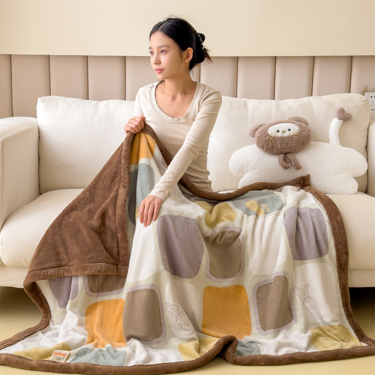 91家纺网 家纺一手货源 找家纺 慕木家纺 2025新款高克重印花牛奶绒云锦绒双层毛毯毛毯毯子（可供跨境提供买家秀） 双层毛毯-魔方格子+咖