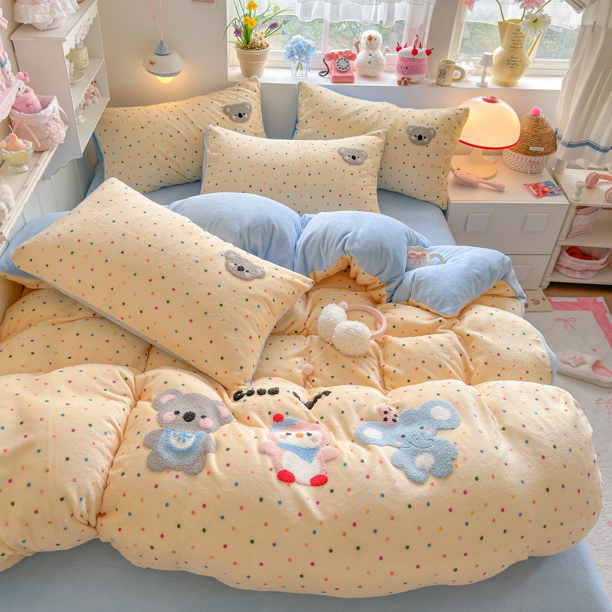 优卡迪家纺馆 2025新款牛奶绒毛巾绣四件套 下载文件包含买家秀 波点萌宠-奶黄