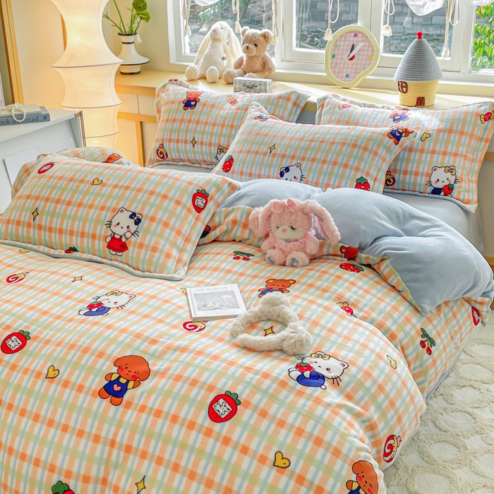 91家纺网 家纺一手货源 找家纺 典曼家纺 2025新款加厚保暖双面牛奶绒四件套 草莓喵蓝