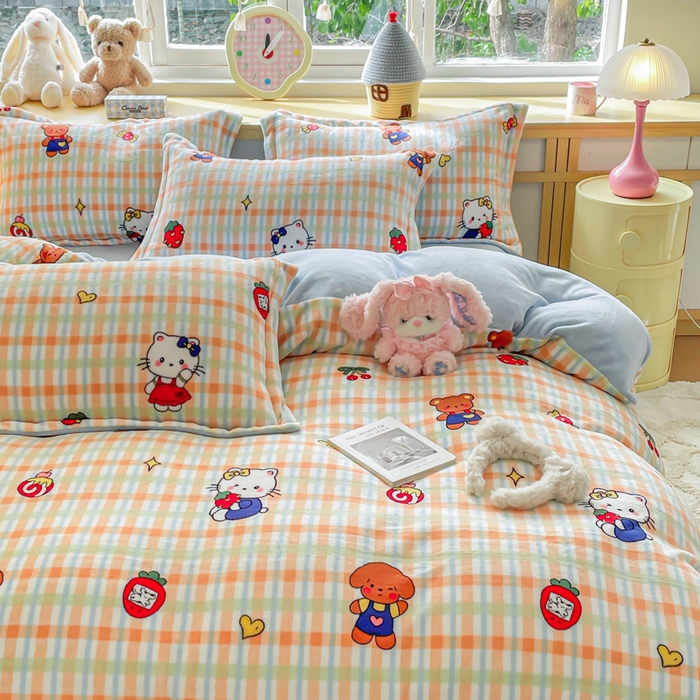 91家纺网 家纺一手货源 找家纺 典曼家纺 2025新款加厚保暖双面牛奶绒四件套 草莓喵蓝