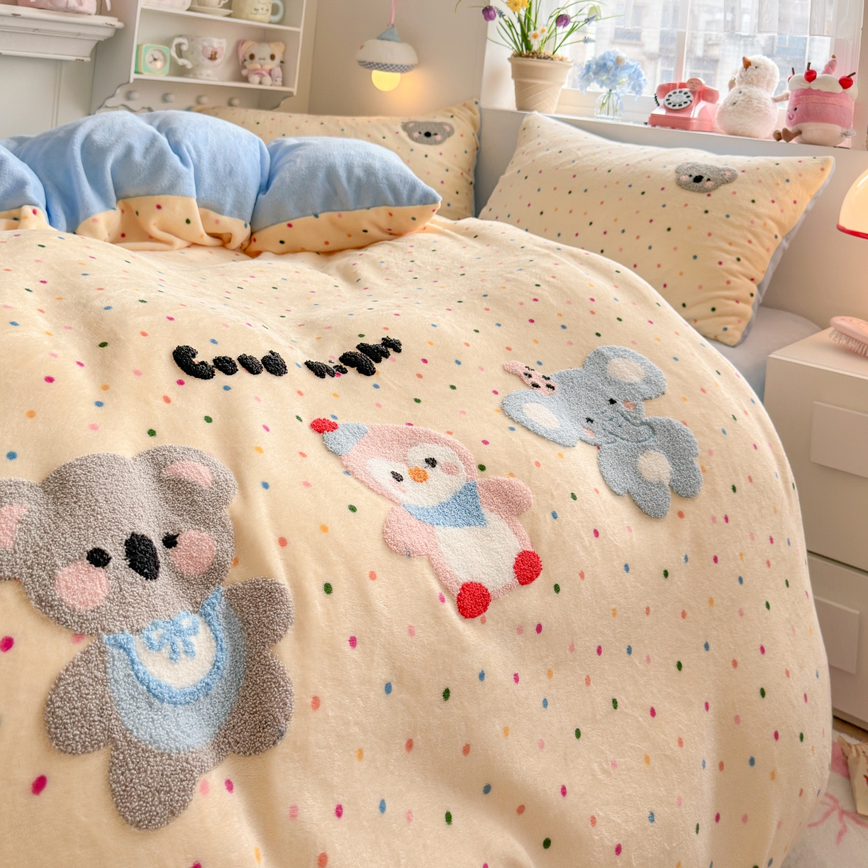 91家纺网 家纺一手货源 找家纺 优卡迪家纺馆 2025新款牛奶绒毛巾绣四件套 下载文件包含买家秀 波点萌宠-奶黄