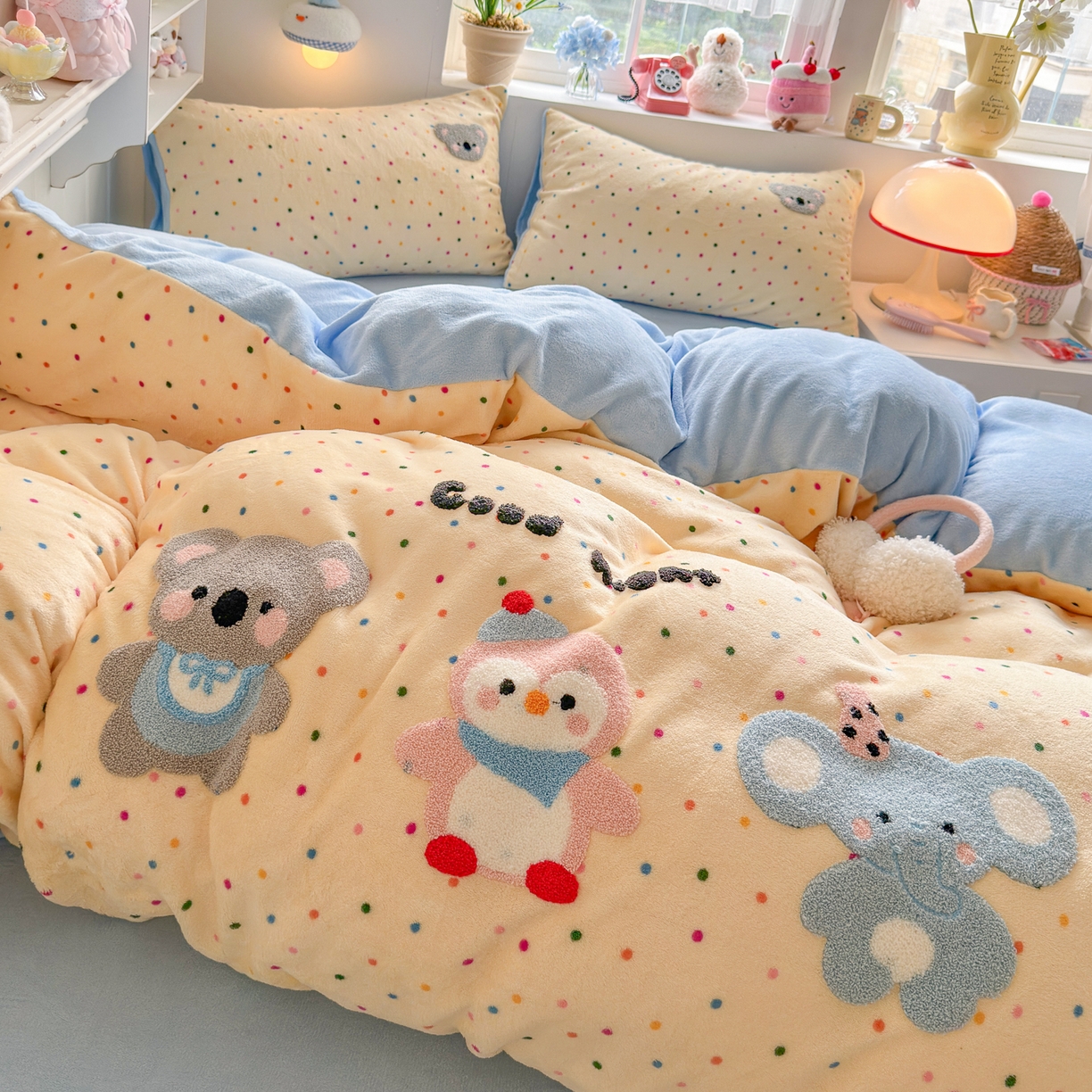 91家纺网 家纺一手货源 找家纺 优卡迪家纺馆 2025新款牛奶绒毛巾绣四件套 下载文件包含买家秀 波点萌宠-奶黄