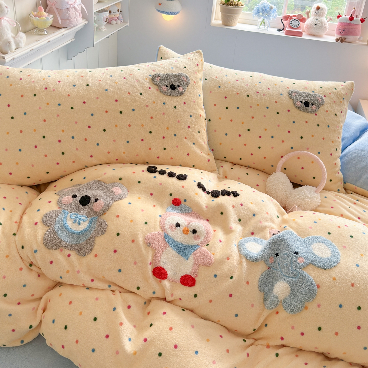 91家纺网 家纺一手货源 找家纺 优卡迪家纺馆 2025新款牛奶绒毛巾绣四件套 下载文件包含买家秀 波点萌宠-奶黄