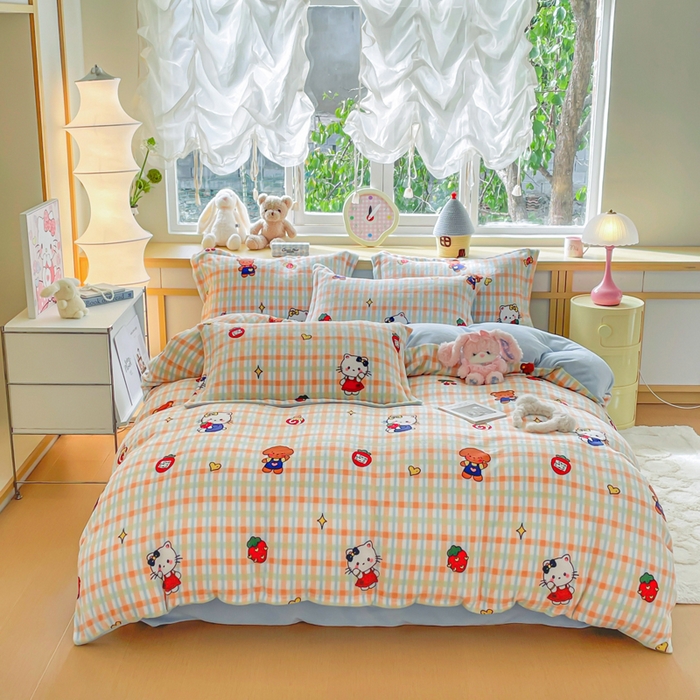 91家纺网 家纺一手货源 找家纺 典曼家纺 2025新款加厚保暖双面牛奶绒四件套 草莓喵蓝