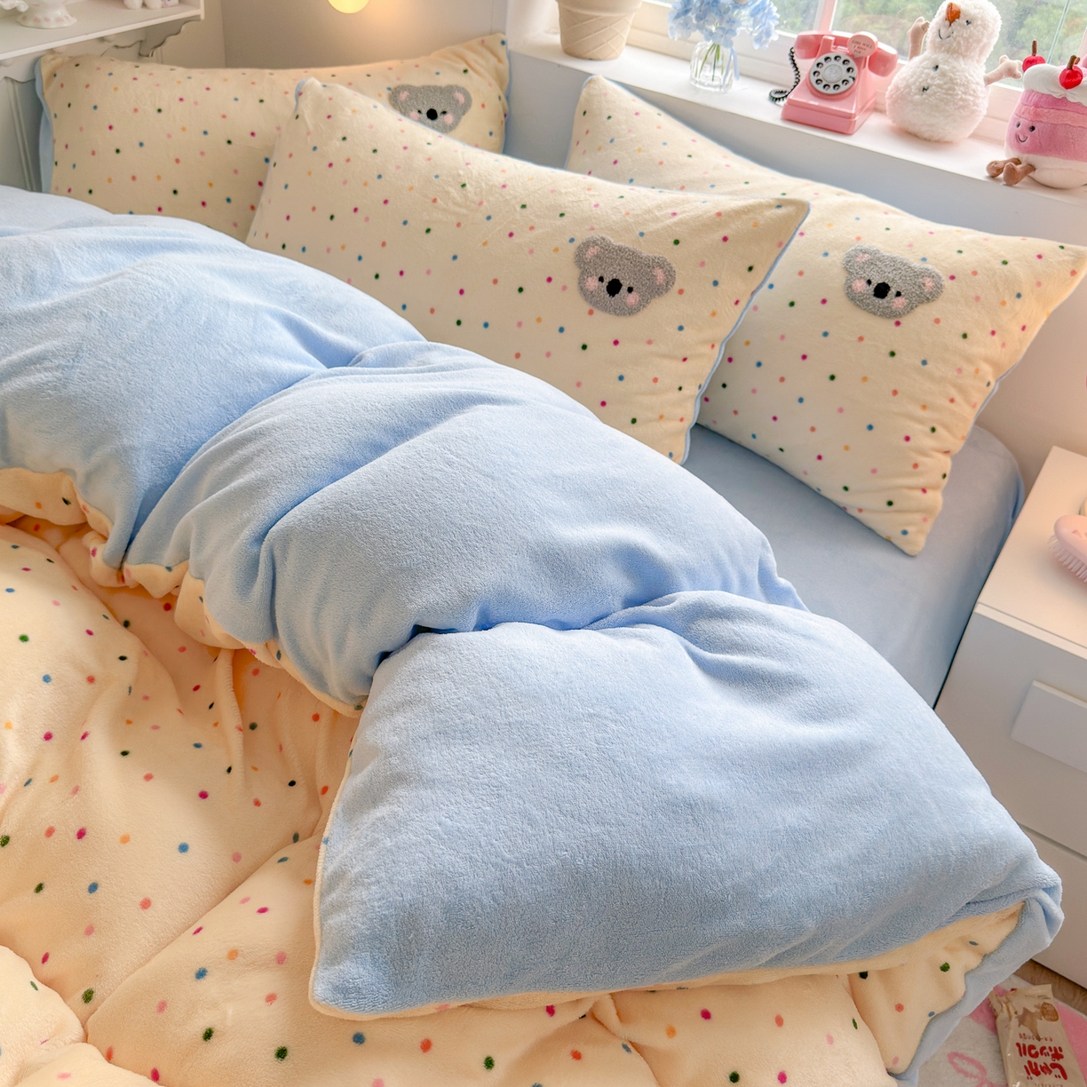 91家纺网 家纺一手货源 找家纺 优卡迪家纺馆 2025新款牛奶绒毛巾绣四件套 下载文件包含买家秀 波点萌宠-奶黄