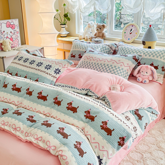 91家纺网 家纺一手货源 找家纺 典曼家纺 2025新款加厚保暖双面牛奶绒四件套 顽皮狗