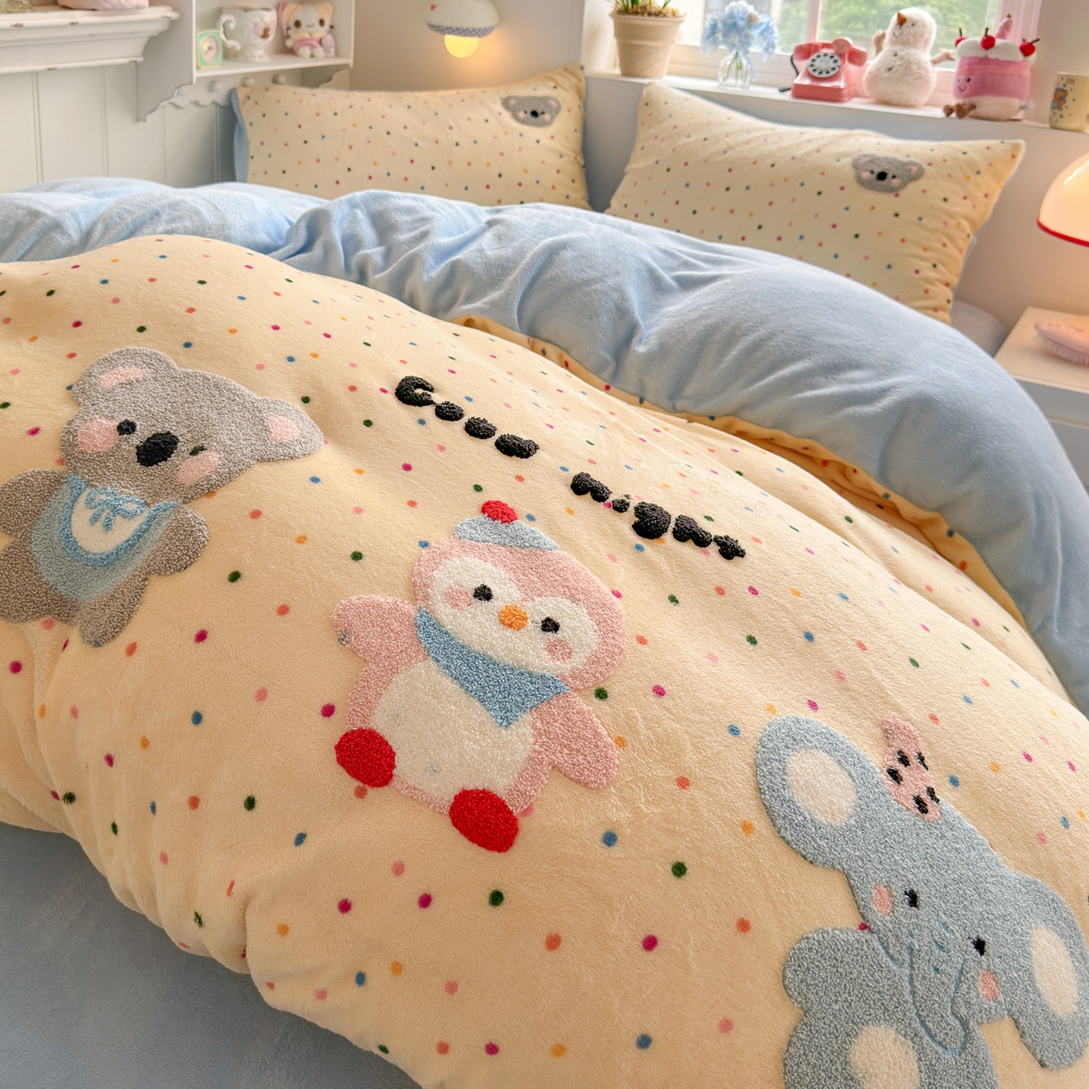 91家纺网 家纺一手货源 找家纺 优卡迪家纺馆 2025新款牛奶绒毛巾绣四件套 下载文件包含买家秀 波点萌宠-奶黄