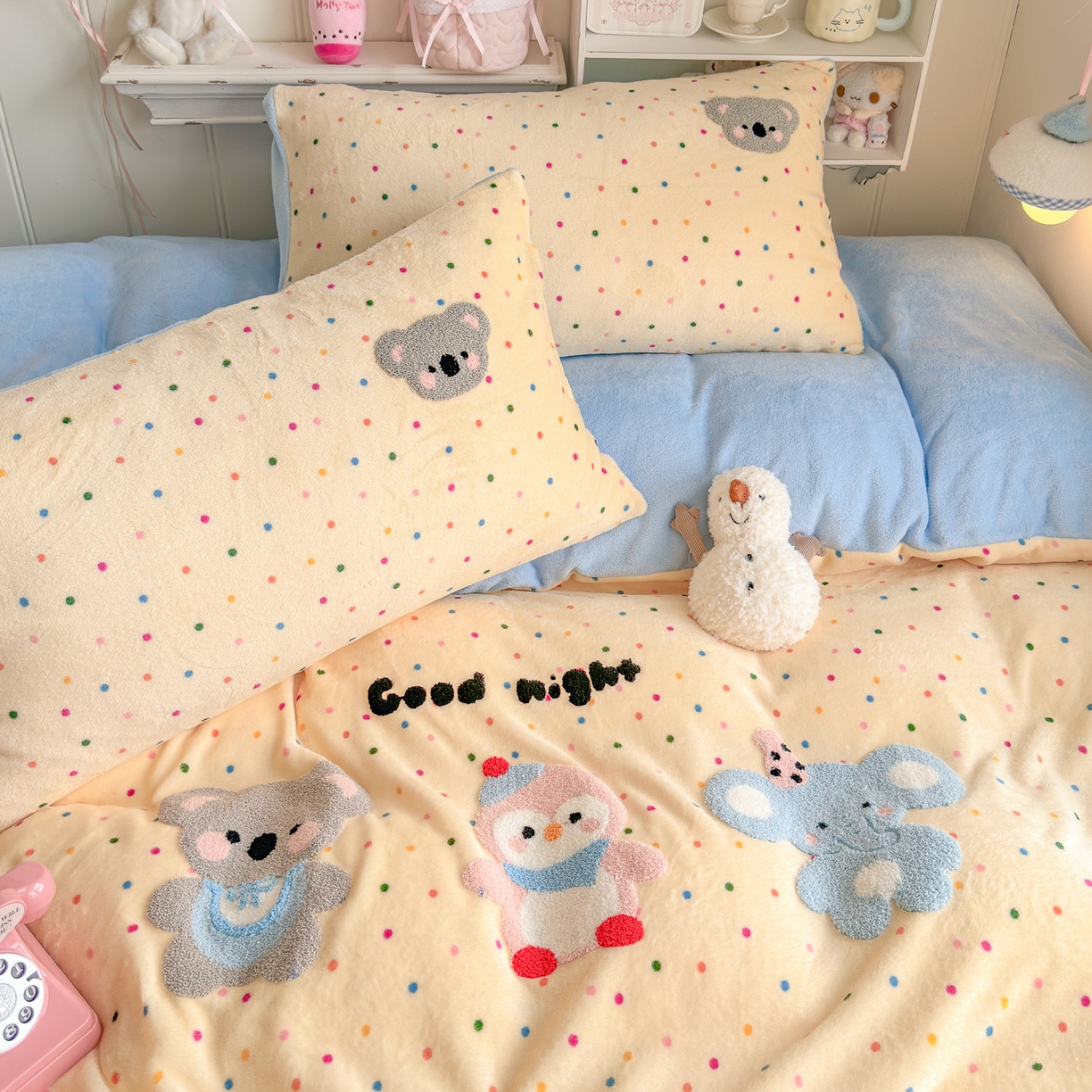 91家纺网 家纺一手货源 找家纺 优卡迪家纺馆 2025新款牛奶绒毛巾绣四件套 下载文件包含买家秀 波点萌宠-奶黄