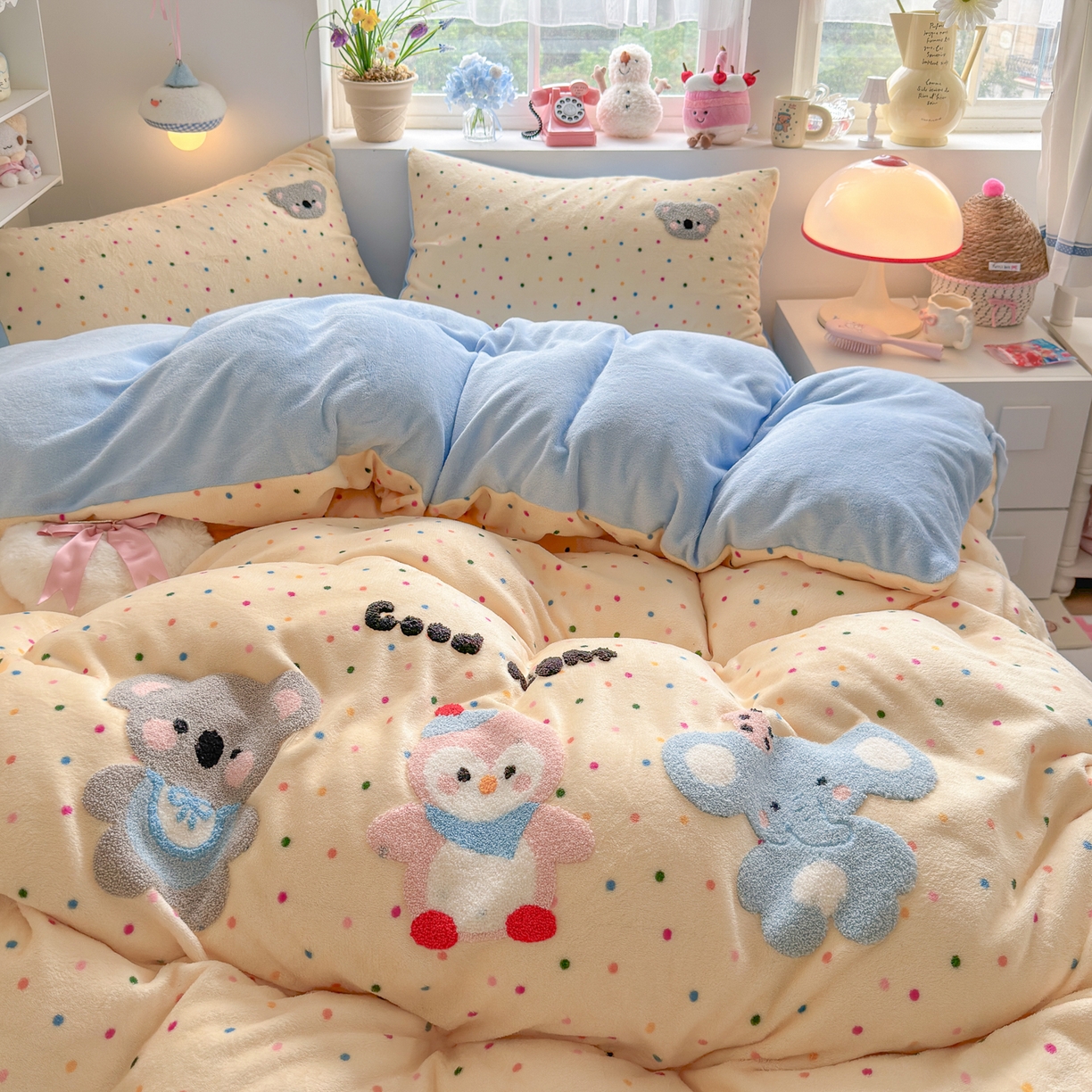 91家纺网 家纺一手货源 找家纺 优卡迪家纺馆 2025新款牛奶绒毛巾绣四件套 下载文件包含买家秀 波点萌宠-奶黄