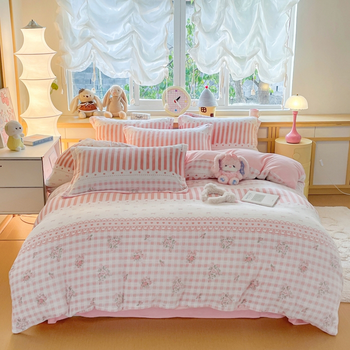 91家纺网 家纺一手货源 找家纺 典曼家纺 2025新款加厚保暖双面牛奶绒四件套 少女心