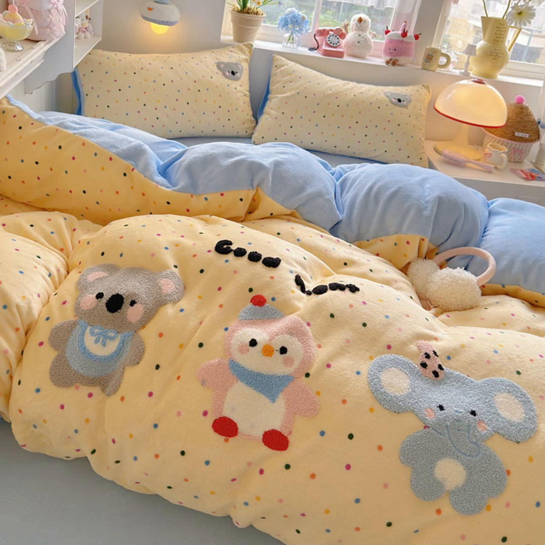 91家纺网 家纺一手货源 找家纺 优卡迪家纺馆 2025新款牛奶绒毛巾绣四件套 下载文件包含买家秀 波点萌宠-奶黄