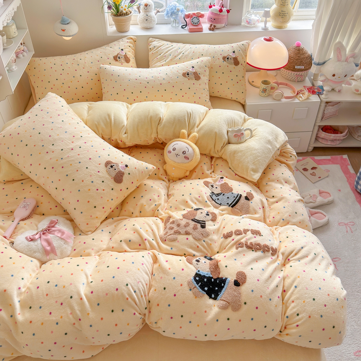 优卡迪家纺馆 2025新款牛奶绒毛巾绣四件套 下载文件包含买家秀 波点旺旺-奶黄