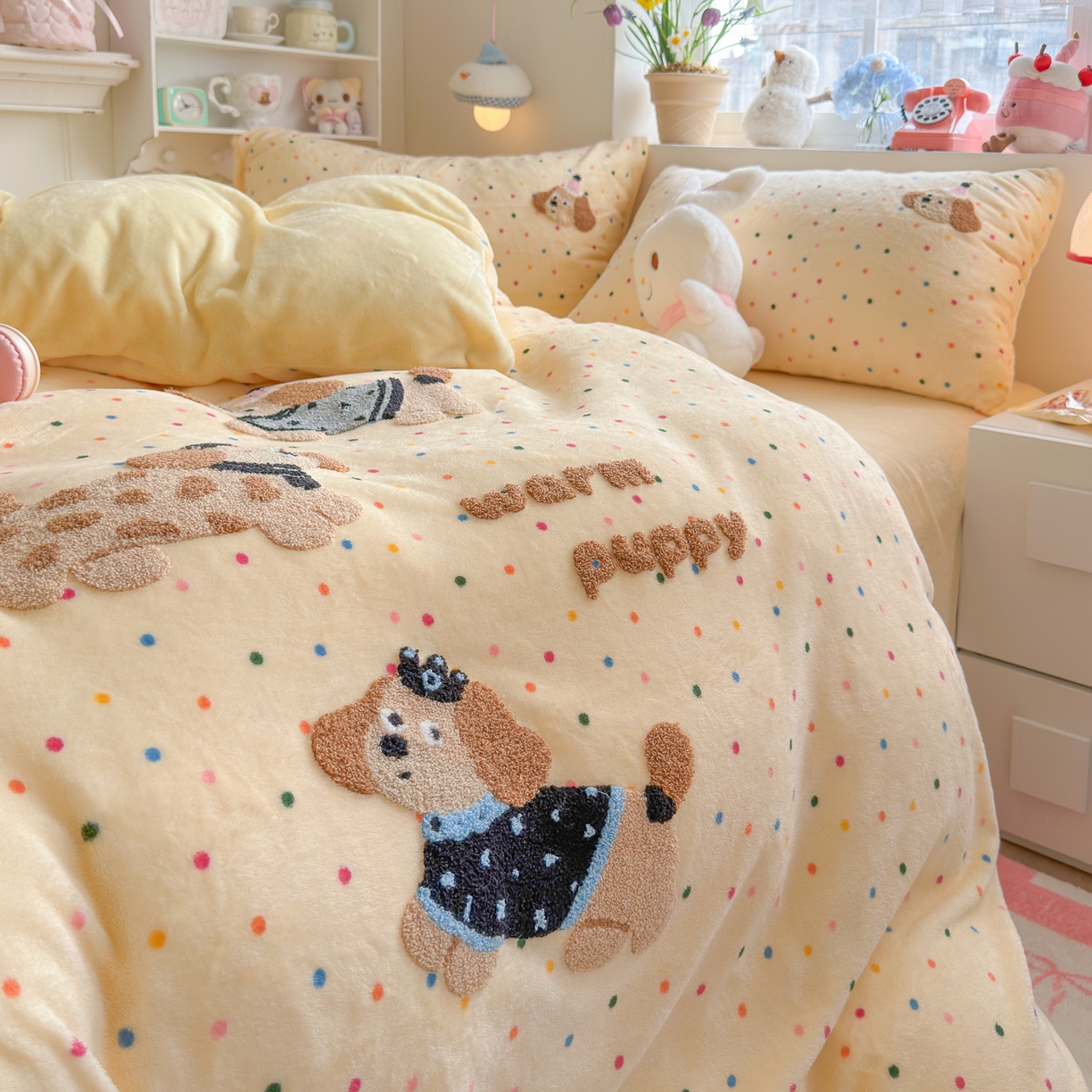 91家纺网 家纺一手货源 找家纺 优卡迪家纺馆 2025新款牛奶绒毛巾绣四件套 下载文件包含买家秀 波点旺旺-奶黄