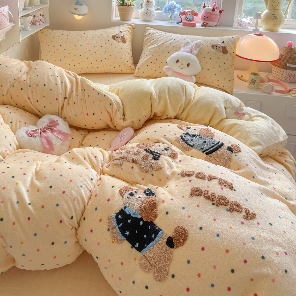 91家纺网 家纺一手货源 找家纺 优卡迪家纺馆 2025新款牛奶绒毛巾绣四件套 下载文件包含买家秀 波点旺旺-奶黄