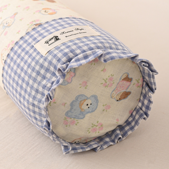 91家纺网 家纺一手货源 找家纺 大熊枕芯 2025新款田园风全棉双层纱圆柱糖果荞麦枕头枕芯 双层纱圆柱-小狗