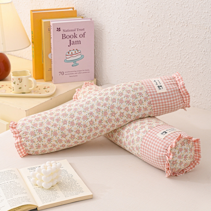 大熊枕芯 2025新款田园风全棉双层纱圆柱糖果荞麦枕头枕芯 双层纱圆柱-粉