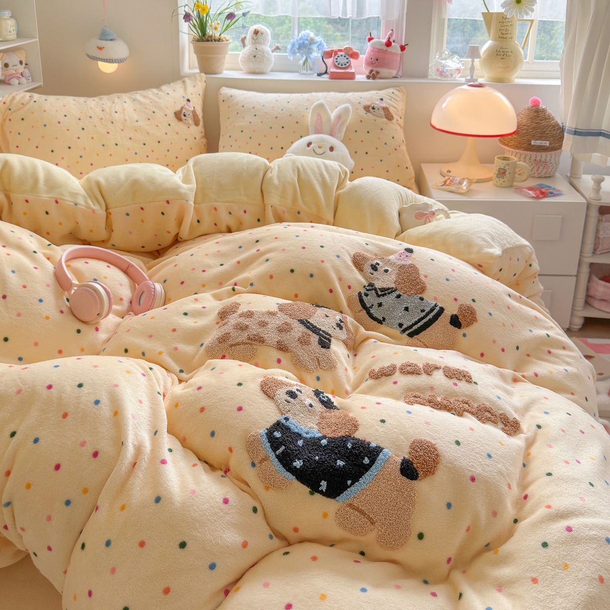 91家纺网 家纺一手货源 找家纺 优卡迪家纺馆 2025新款牛奶绒毛巾绣四件套 下载文件包含买家秀 波点旺旺-奶黄