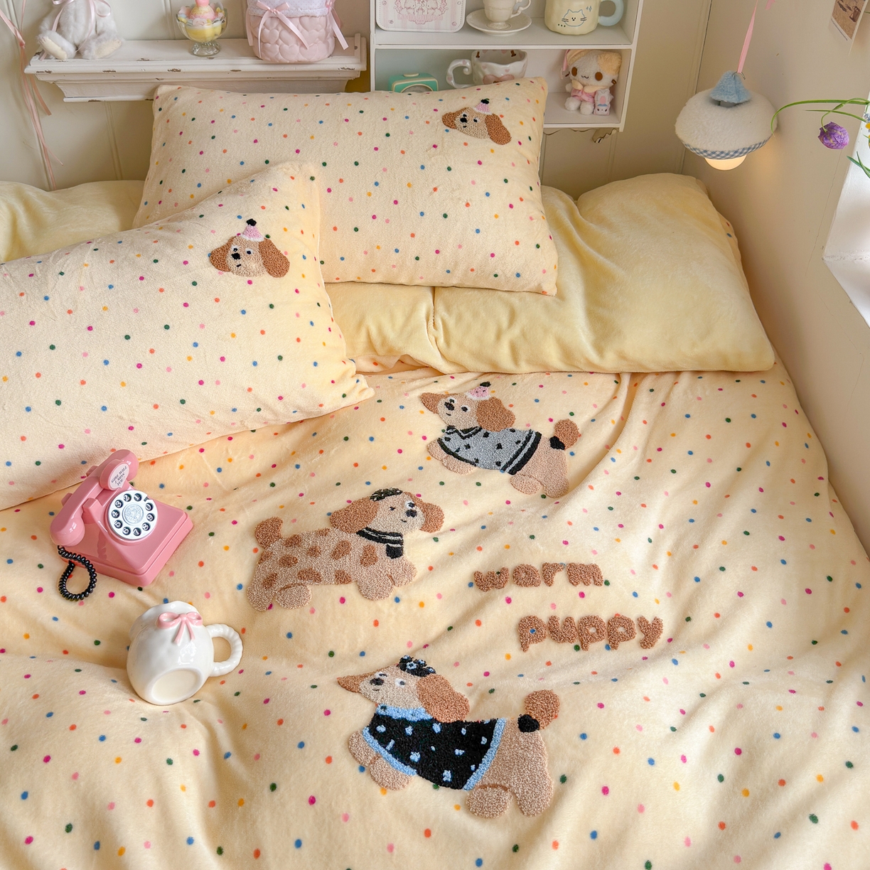 91家纺网 家纺一手货源 找家纺 优卡迪家纺馆 2025新款牛奶绒毛巾绣四件套 下载文件包含买家秀 波点旺旺-奶黄