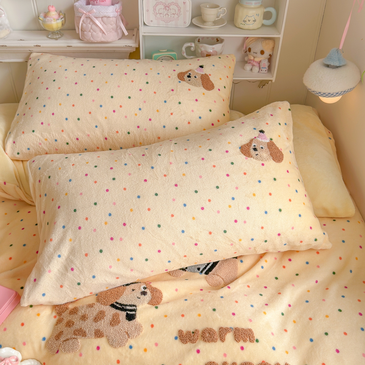 91家纺网 家纺一手货源 找家纺 优卡迪家纺馆 2025新款牛奶绒毛巾绣四件套 下载文件包含买家秀 波点旺旺-奶黄