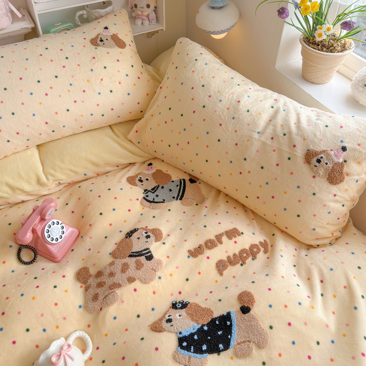 91家纺网 家纺一手货源 找家纺 优卡迪家纺馆 2025新款牛奶绒毛巾绣四件套 下载文件包含买家秀 波点旺旺-奶黄