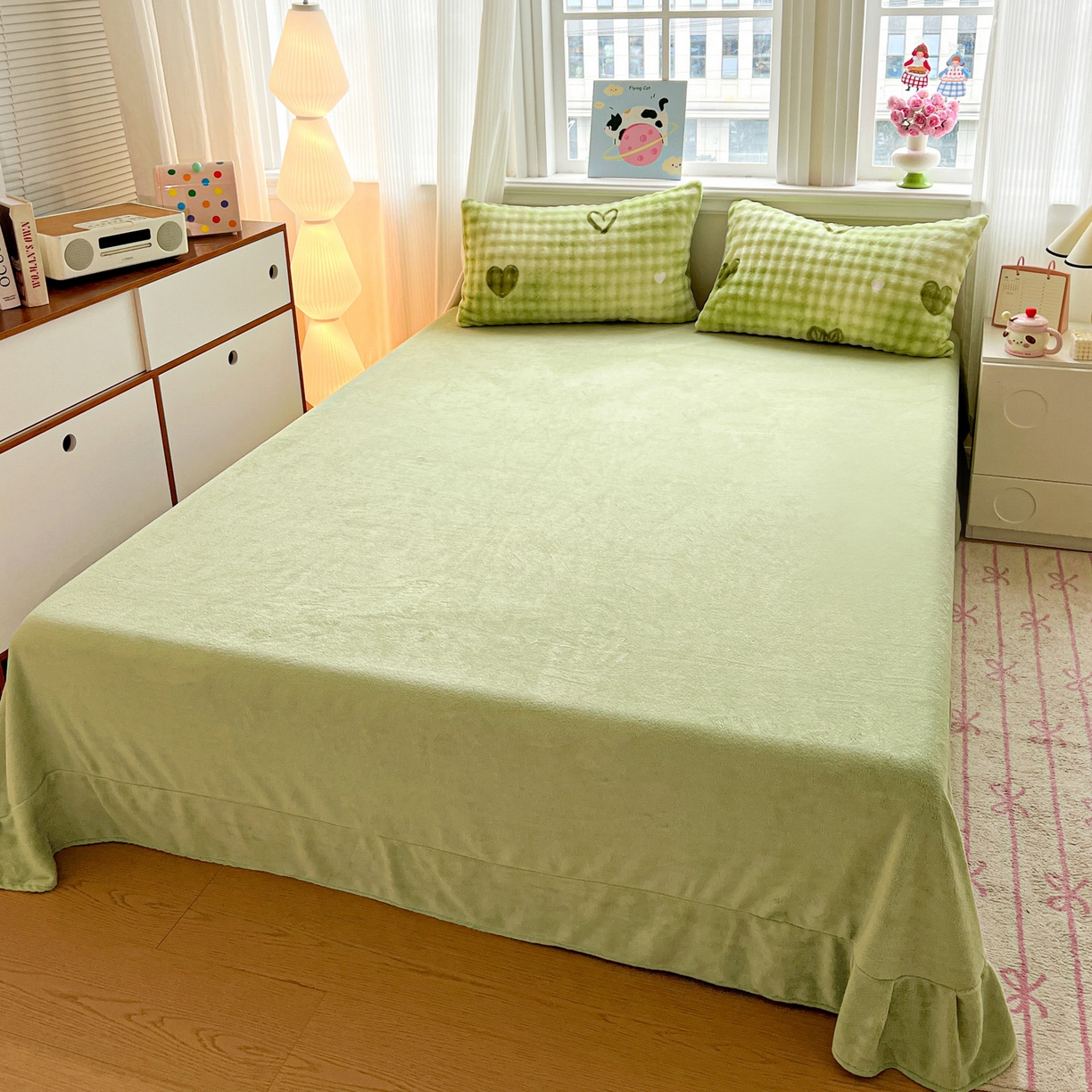 91家纺网 家纺一手货源 找家纺 典曼家纺 2025新款亲肤舒适保暖泡泡绒四件套 绿爱心