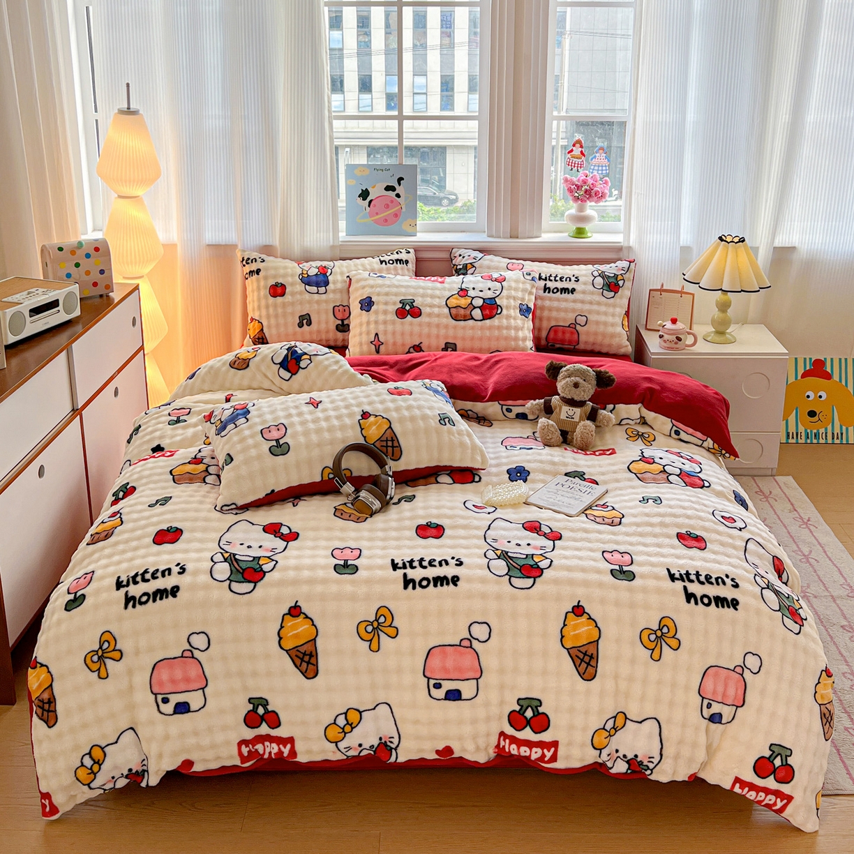 91家纺网 家纺一手货源 找家纺 典曼家纺 2025新款亲肤舒适保暖泡泡绒四件套 杰瑞猫咪