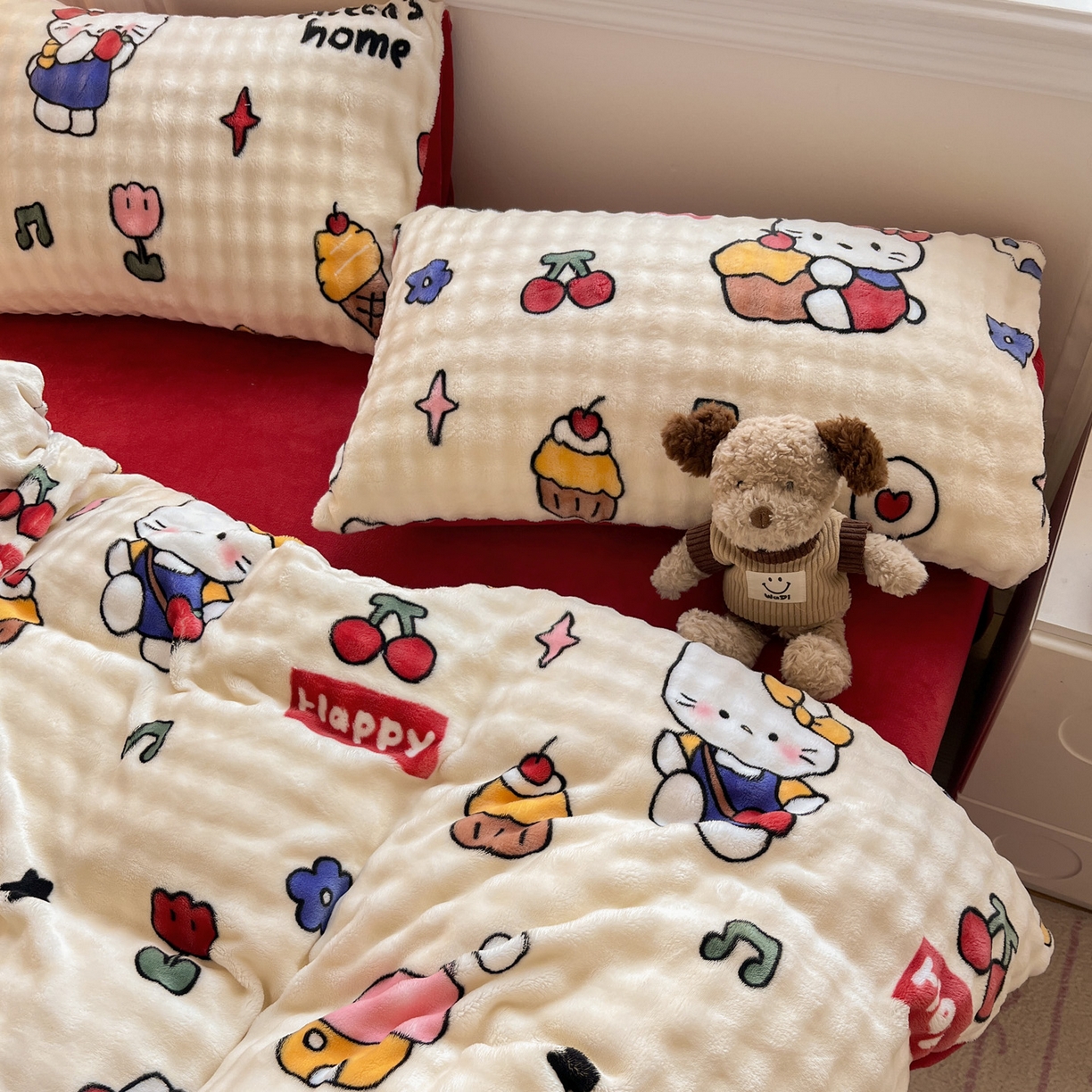 91家纺网 家纺一手货源 找家纺 典曼家纺 2025新款亲肤舒适保暖泡泡绒四件套 杰瑞猫咪