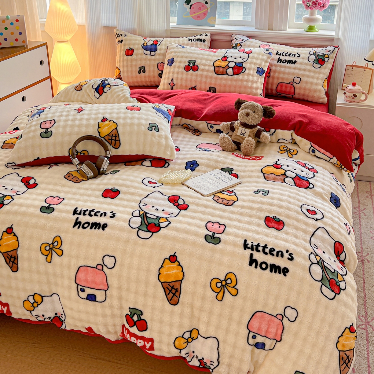 91家纺网 家纺一手货源 找家纺 典曼家纺 2025新款亲肤舒适保暖泡泡绒四件套 杰瑞猫咪