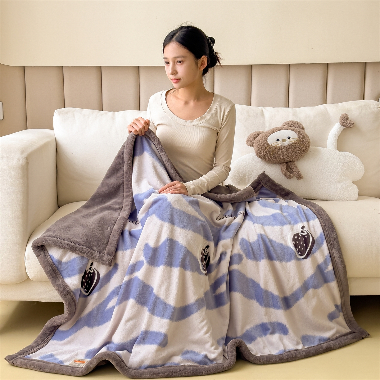 91家纺网 家纺一手货源 找家纺 慕木家纺 2025新款高克重印花牛奶绒云锦绒双层毛毯毛毯毯子（可供跨境提供买家秀） 双层毛毯-海洋之莓+灰