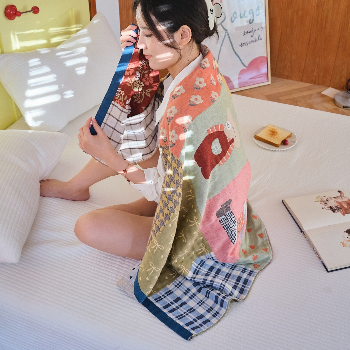 91家纺网 家纺一手货源 找家纺 （总）沐瑟家纺 2025新款卡通A类全棉四层纱布浴巾加大毛巾-第四组