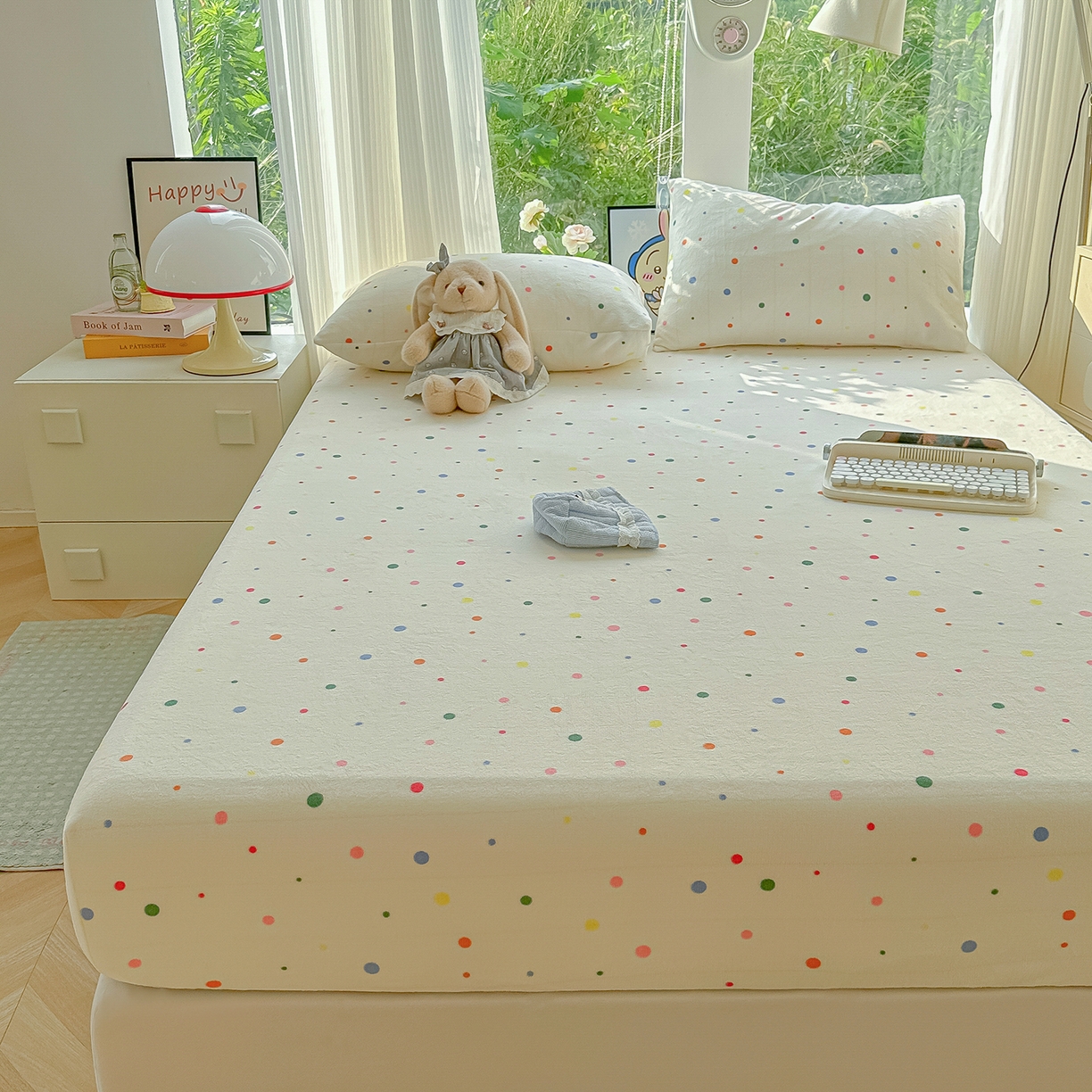 91家纺网 家纺一手货源 找家纺 沐芷 2025 加厚高克重牛奶绒床笠单件/床笠三件套  床笠款床罩床垫保护套罩 【绒】彩色波点