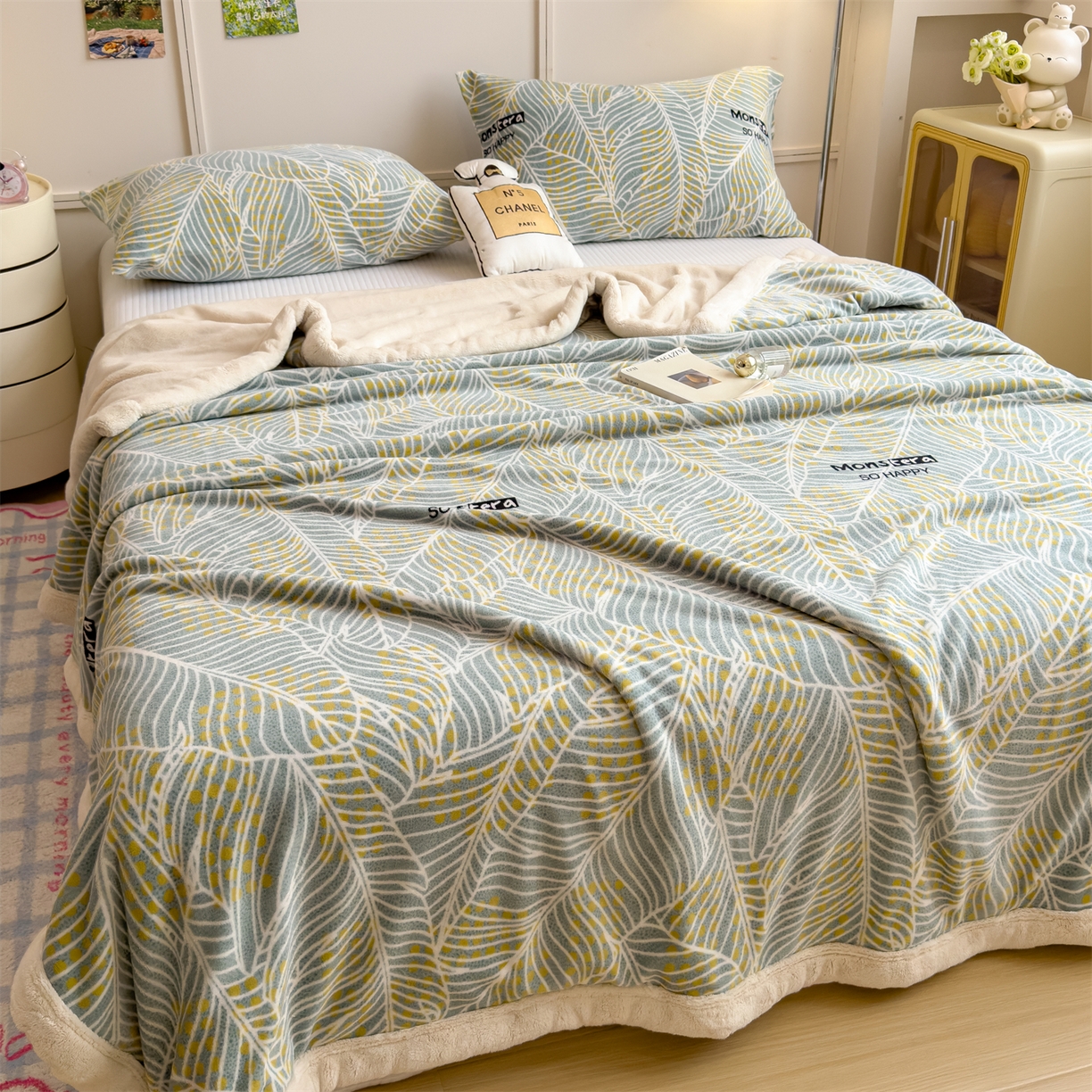 91家纺网 家纺一手货源 找家纺 慕木家纺 2025新款高克重印花牛奶绒云锦绒双层毛毯毛毯毯子（可供跨境提供买家秀） 双层毛毯-绿柏叶+白