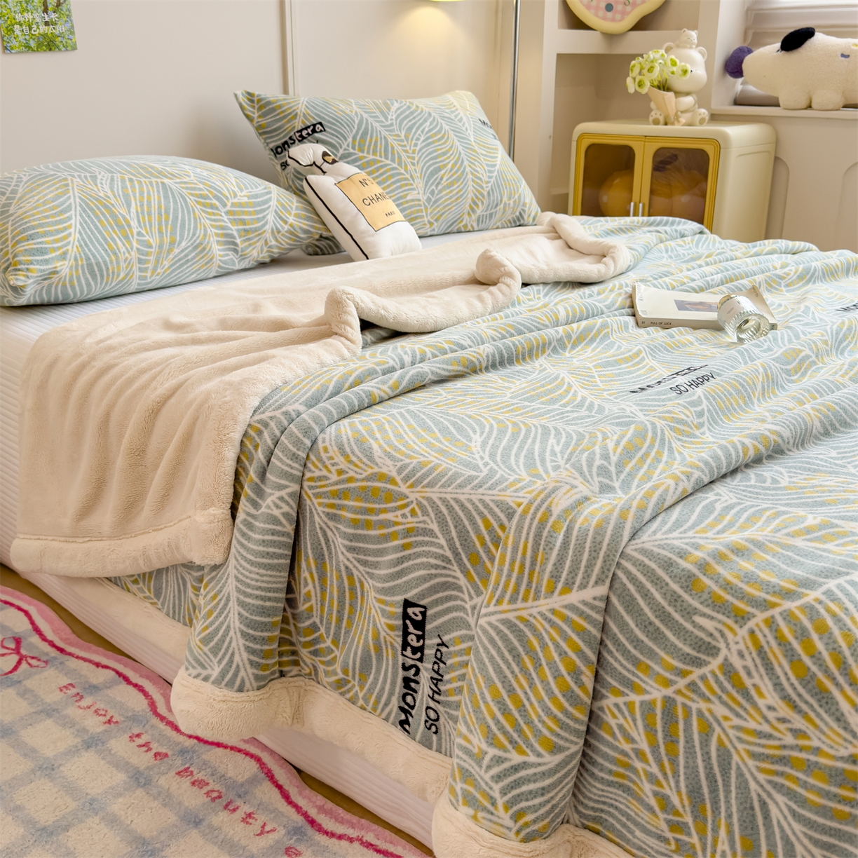 91家纺网 家纺一手货源 找家纺 慕木家纺 2025新款高克重印花牛奶绒云锦绒双层毛毯毛毯毯子（可供跨境提供买家秀） 双层毛毯-绿柏叶+白